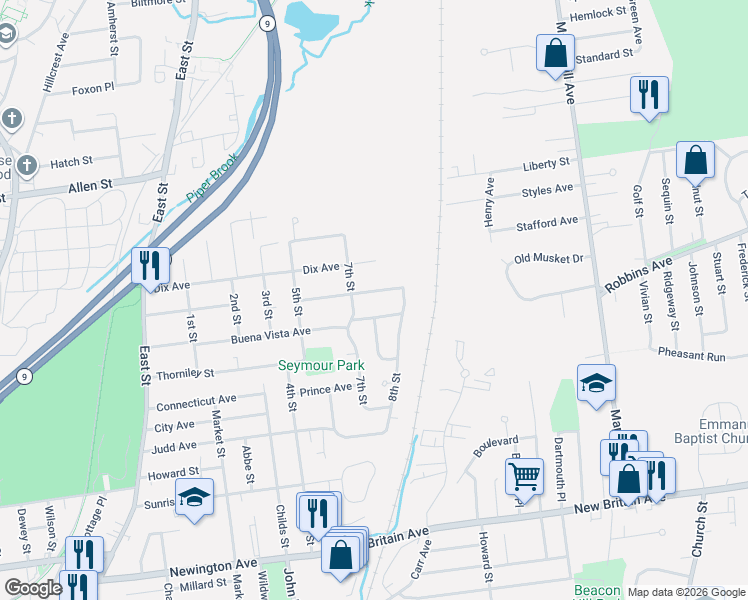 map of restaurants, bars, coffee shops, grocery stores, and more near 83 Kinnear Avenue in Newington
