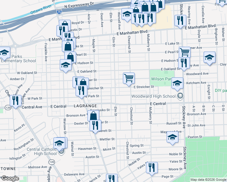 map of restaurants, bars, coffee shops, grocery stores, and more near 3159 Elm Street in Toledo