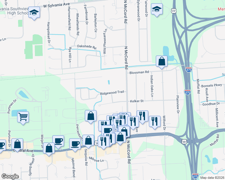 map of restaurants, bars, coffee shops, grocery stores, and more near 6834 Ridgewood Trail in Toledo