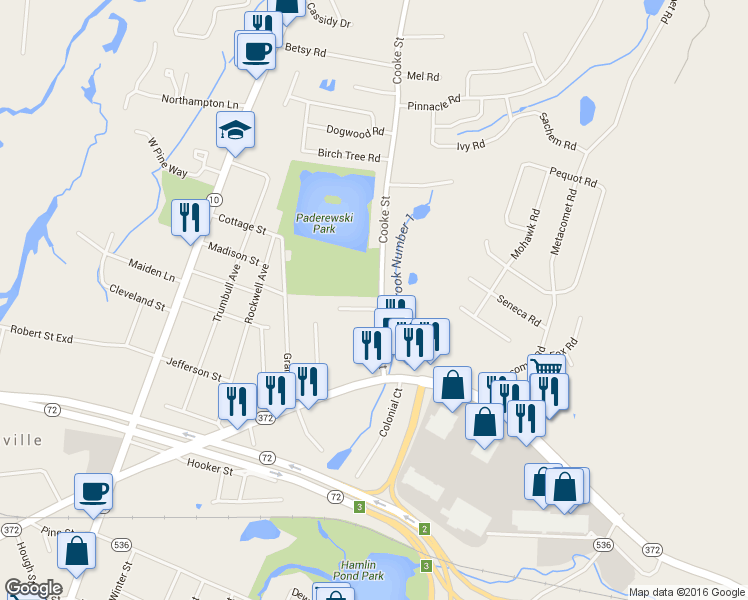 map of restaurants, bars, coffee shops, grocery stores, and more near 68 Cooke Street in Plainville