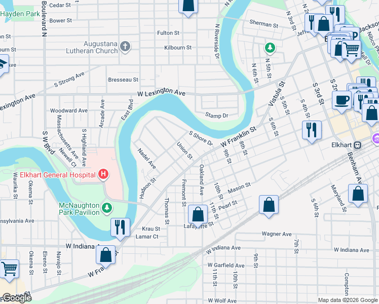 map of restaurants, bars, coffee shops, grocery stores, and more near 1102-1106 Hudson Street in Elkhart