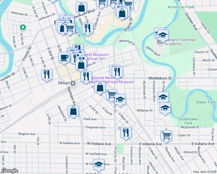 map of restaurants, bars, coffee shops, grocery stores, and more near 298 Willard Court in Elkhart