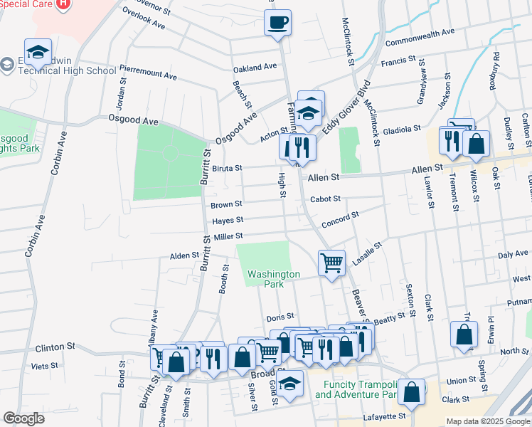 map of restaurants, bars, coffee shops, grocery stores, and more near 38 Brown Street in New Britain