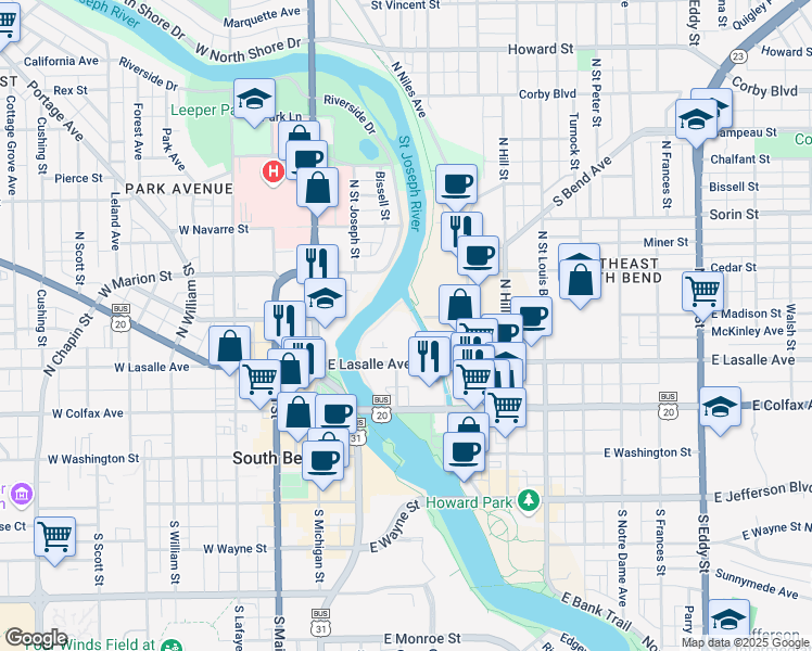 map of restaurants, bars, coffee shops, grocery stores, and more near 311 East Lasalle Avenue in South Bend