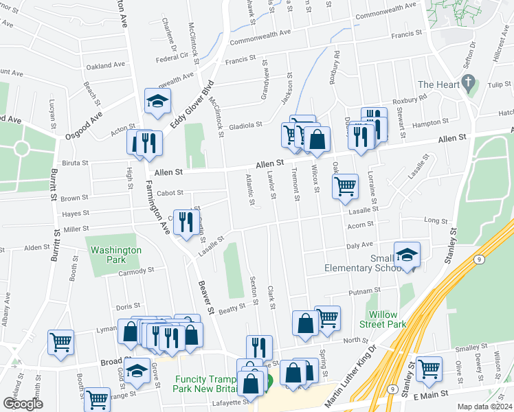 map of restaurants, bars, coffee shops, grocery stores, and more near 66 Atlantic Street in New Britain