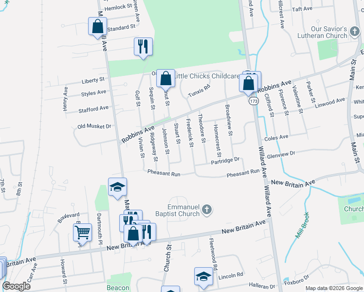 map of restaurants, bars, coffee shops, grocery stores, and more near 51 Frederick Street in Newington
