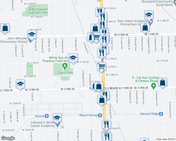 map of restaurants, bars, coffee shops, grocery stores, and more near 11738 South Peoria Street in Chicago