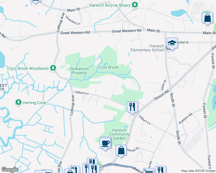 map of restaurants, bars, coffee shops, grocery stores, and more near 19 Old Campground in Harwich