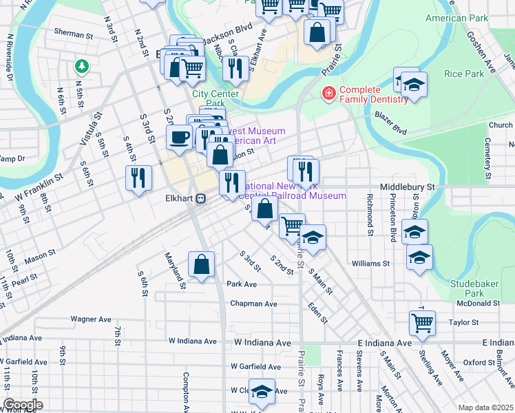 map of restaurants, bars, coffee shops, grocery stores, and more near 812 South Main Street in Elkhart