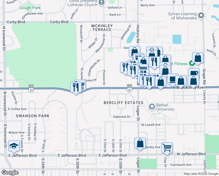 map of restaurants, bars, coffee shops, grocery stores, and more near 3301 McKinley Avenue in South Bend