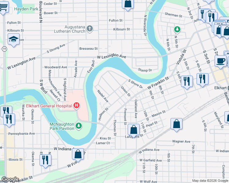 map of restaurants, bars, coffee shops, grocery stores, and more near 1299 Hester St in Elkhart