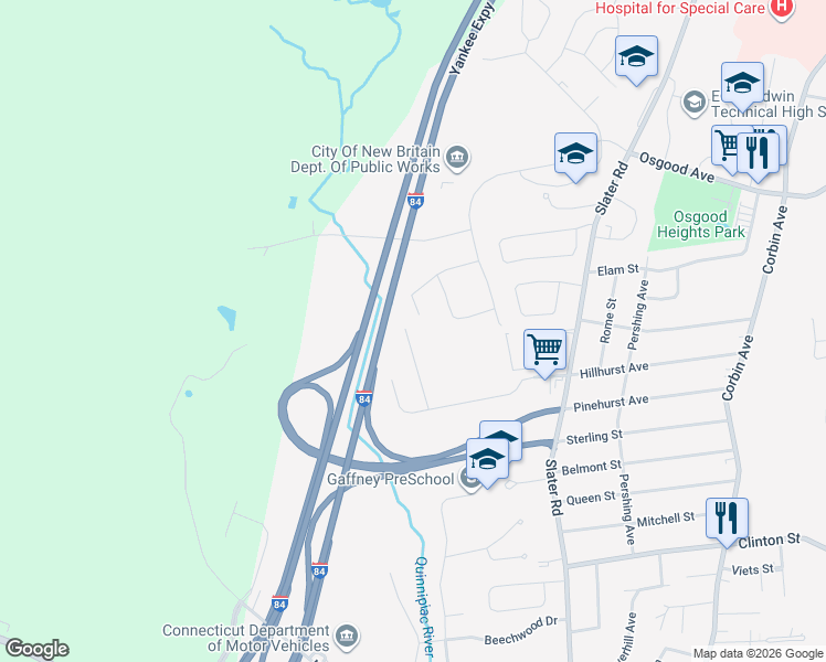 map of restaurants, bars, coffee shops, grocery stores, and more near 159 Robindale Drive in New Britain