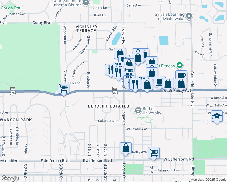 map of restaurants, bars, coffee shops, grocery stores, and more near 3499 U.S. 20 Business in South Bend