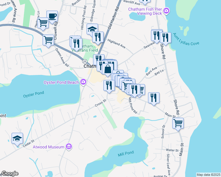 map of restaurants, bars, coffee shops, grocery stores, and more near 533 Main Street in Chatham