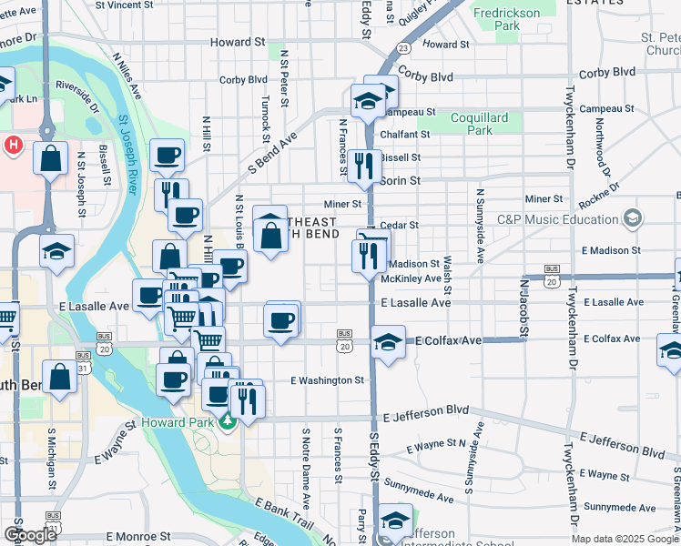 map of restaurants, bars, coffee shops, grocery stores, and more near 1004 East Madison Street in South Bend