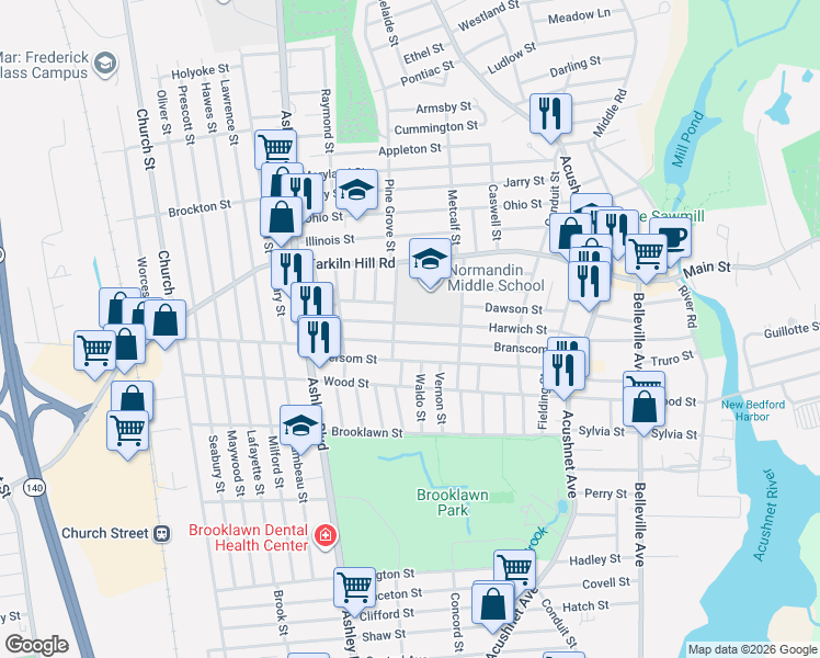 map of restaurants, bars, coffee shops, grocery stores, and more near 342 Harwich Street in New Bedford