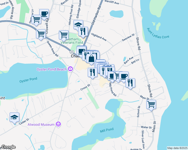map of restaurants, bars, coffee shops, grocery stores, and more near 533 Main Street in Chatham