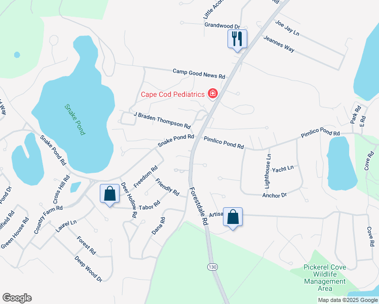 map of restaurants, bars, coffee shops, grocery stores, and more near 35 Forestdale Road in Sandwich
