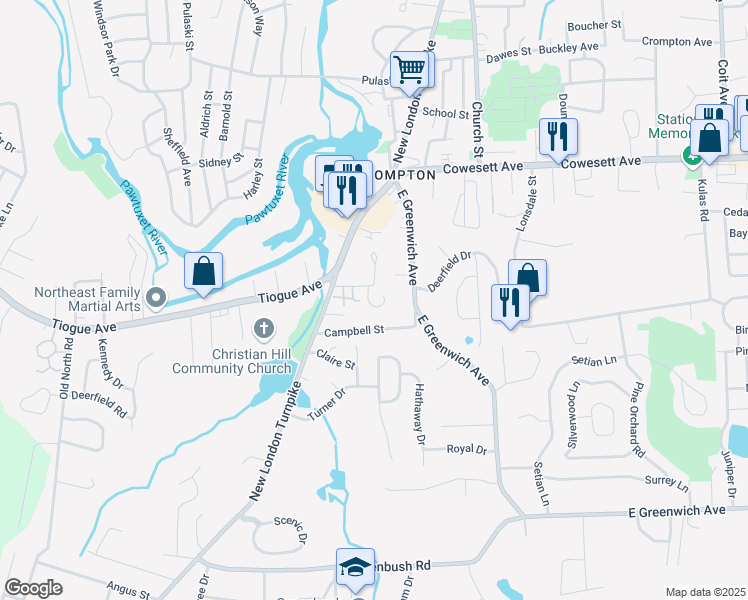 map of restaurants, bars, coffee shops, grocery stores, and more near 75 Esmond Street in West Warwick