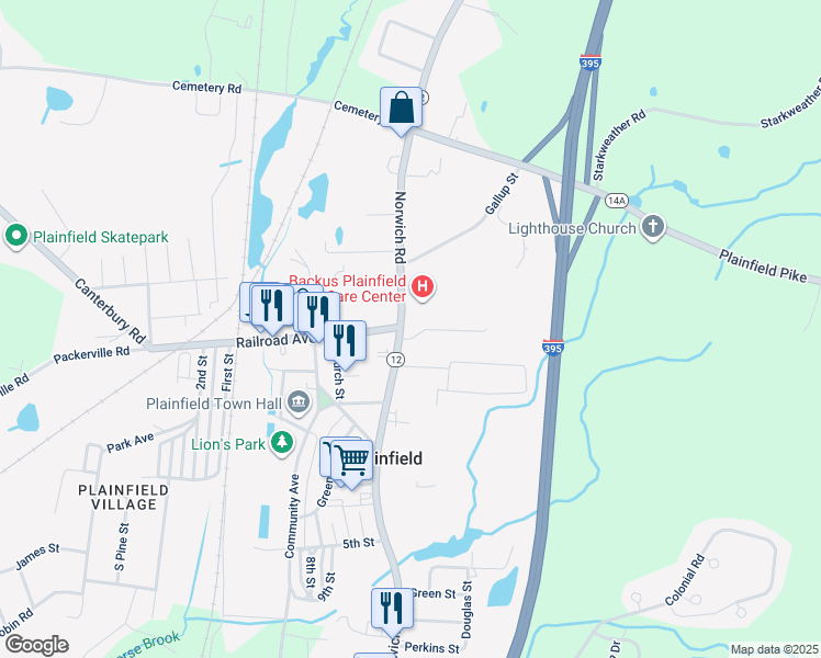 map of restaurants, bars, coffee shops, grocery stores, and more near 594 Norwich Road in Plainfield