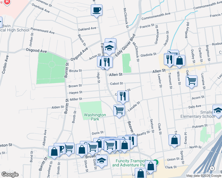 map of restaurants, bars, coffee shops, grocery stores, and more near 99 Farmington Avenue in New Britain