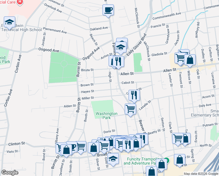 map of restaurants, bars, coffee shops, grocery stores, and more near 4 Brown Street in New Britain