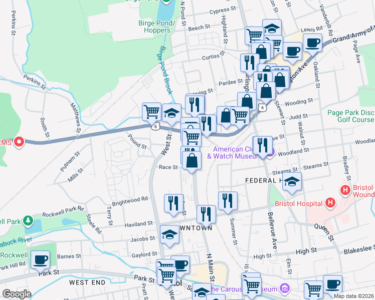map of restaurants, bars, coffee shops, grocery stores, and more near 453 North Main Street in Bristol