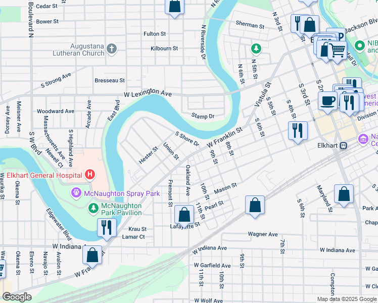 map of restaurants, bars, coffee shops, grocery stores, and more near 930 West Franklin Street in Elkhart