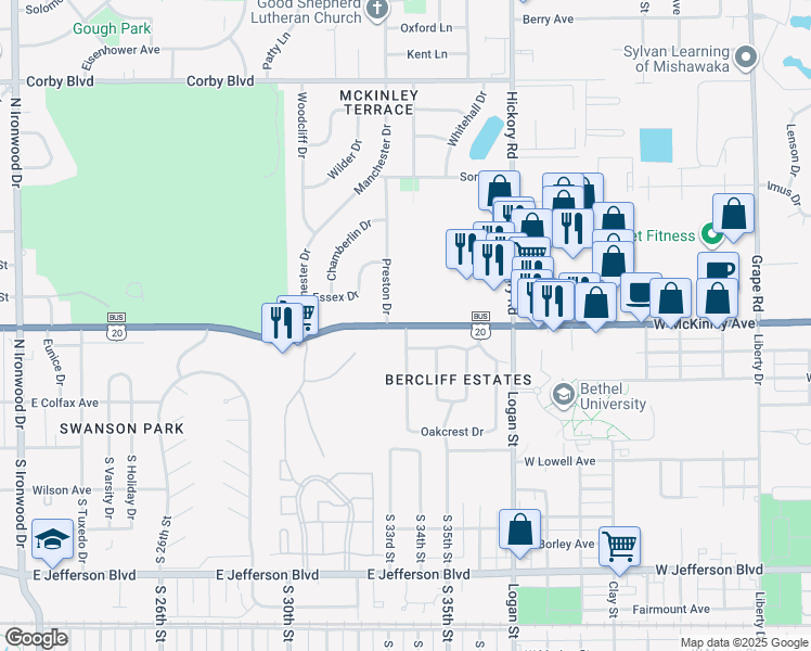 map of restaurants, bars, coffee shops, grocery stores, and more near 3301-3499 U.S. 20 Business in South Bend