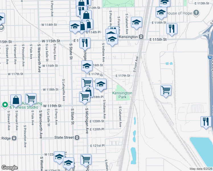 map of restaurants, bars, coffee shops, grocery stores, and more near 11738 South Indiana Avenue in Chicago