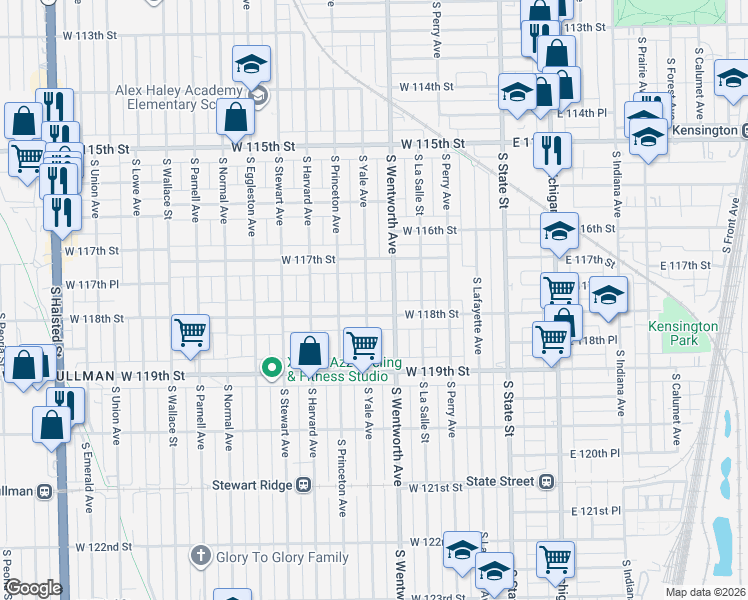 map of restaurants, bars, coffee shops, grocery stores, and more near 11737 South Yale Avenue in Chicago