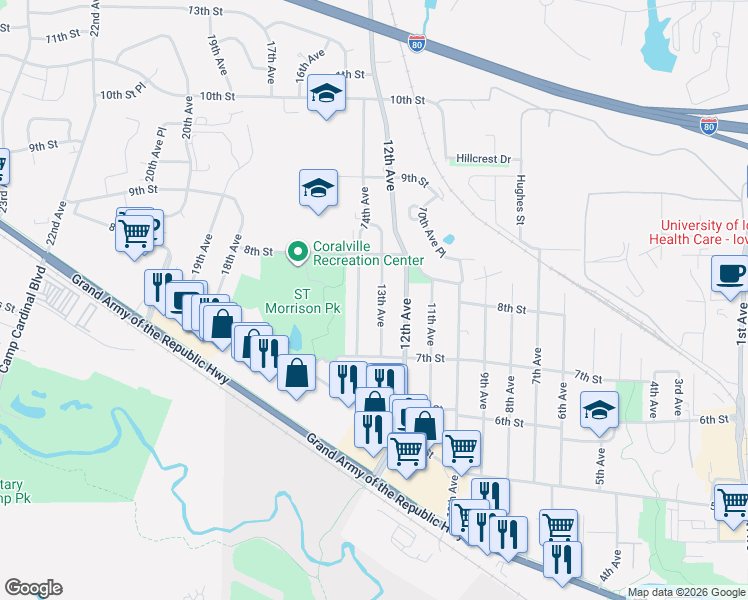 map of restaurants, bars, coffee shops, grocery stores, and more near 723 13th Avenue in Coralville