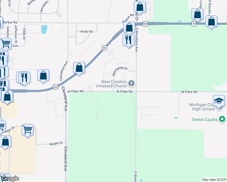 map of restaurants, bars, coffee shops, grocery stores, and more near 2325 Normandy Drive in Michigan City