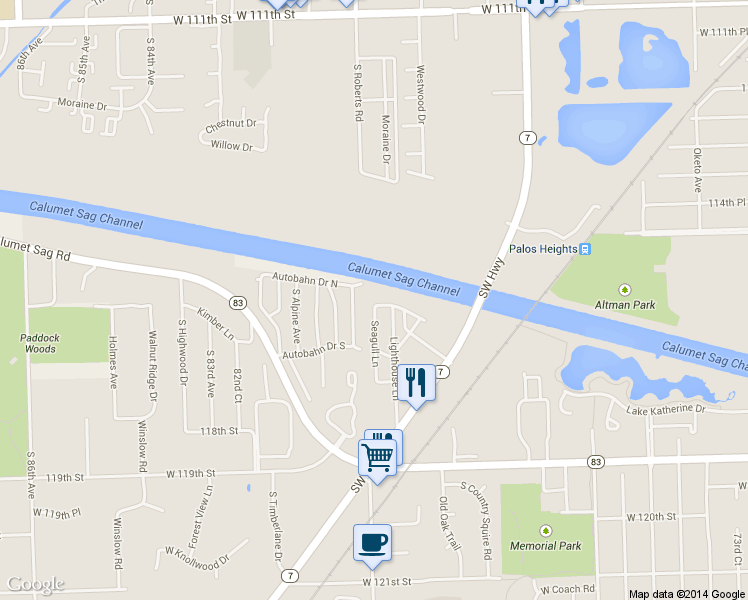 map of restaurants, bars, coffee shops, grocery stores, and more near 7920 Breakwater Way in Palos Heights