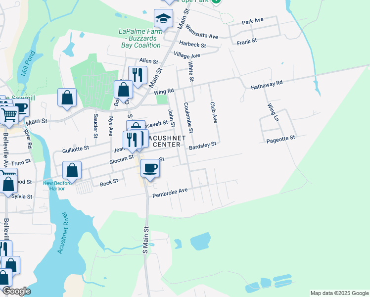 map of restaurants, bars, coffee shops, grocery stores, and more near 74 James Street in Acushnet