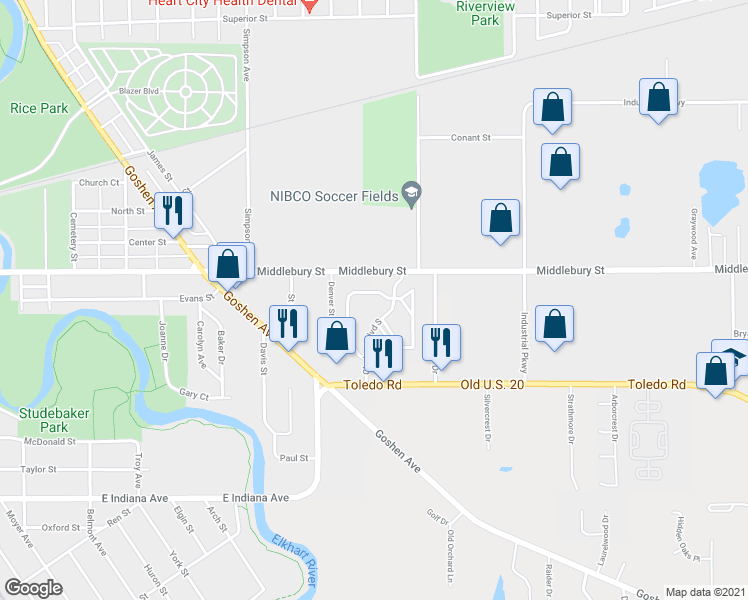 map of restaurants, bars, coffee shops, grocery stores, and more near 117 Clarinet Boulevard West in Elkhart