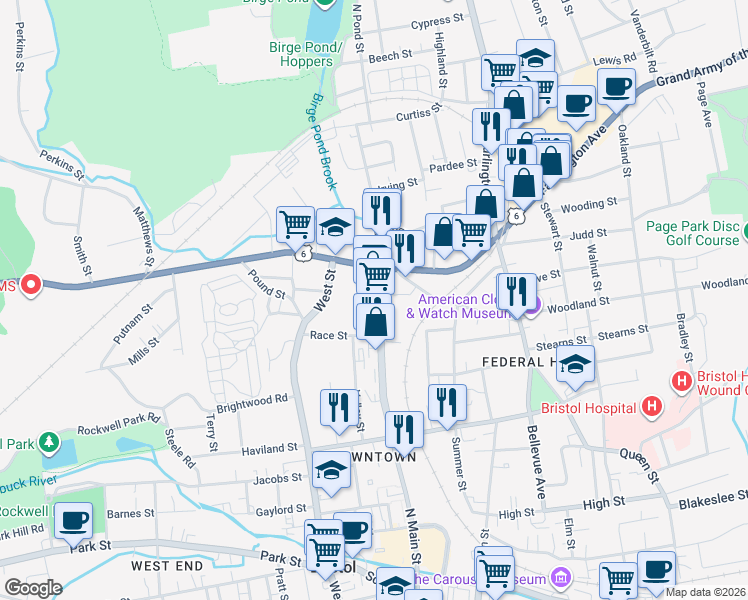 map of restaurants, bars, coffee shops, grocery stores, and more near 453 North Main Street in Bristol