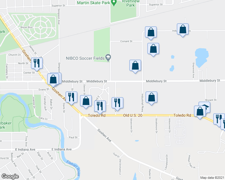 map of restaurants, bars, coffee shops, grocery stores, and more near 56063 Outer Drive in Elkhart