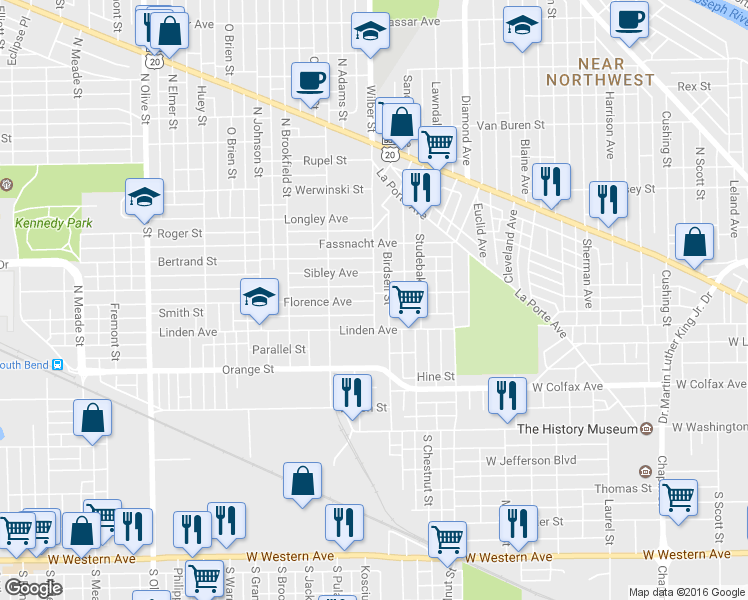map of restaurants, bars, coffee shops, grocery stores, and more near 1601 Florence Avenue in South Bend
