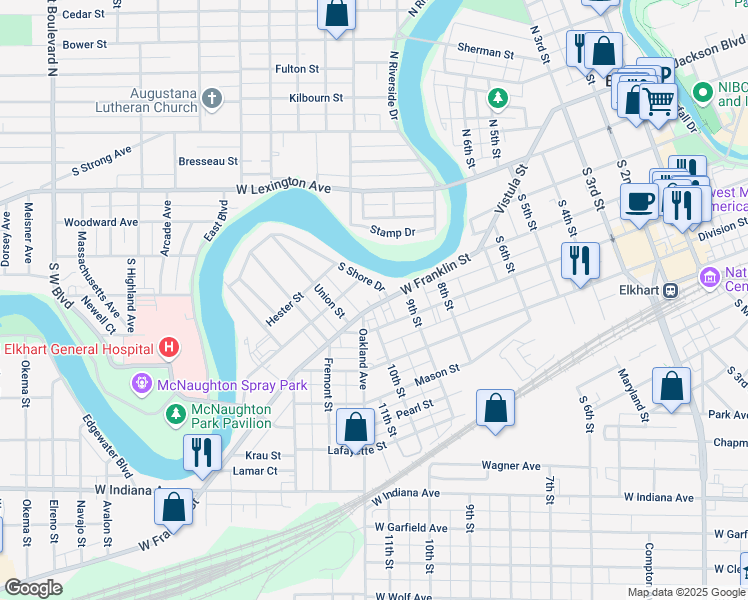 map of restaurants, bars, coffee shops, grocery stores, and more near 930 West Franklin Street in Elkhart