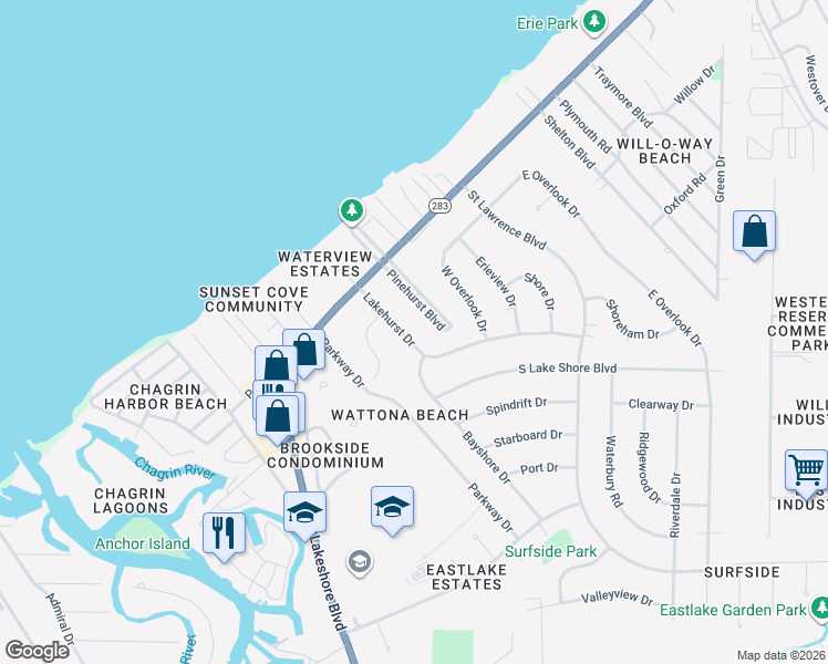 map of restaurants, bars, coffee shops, grocery stores, and more near 174 Pinehurst Boulevard in Eastlake