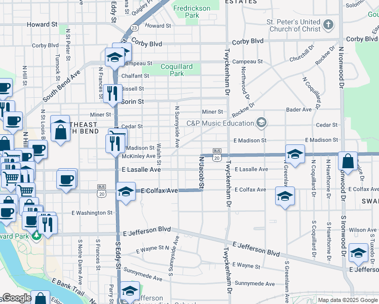 map of restaurants, bars, coffee shops, grocery stores, and more near 1321 McKinley Avenue in South Bend