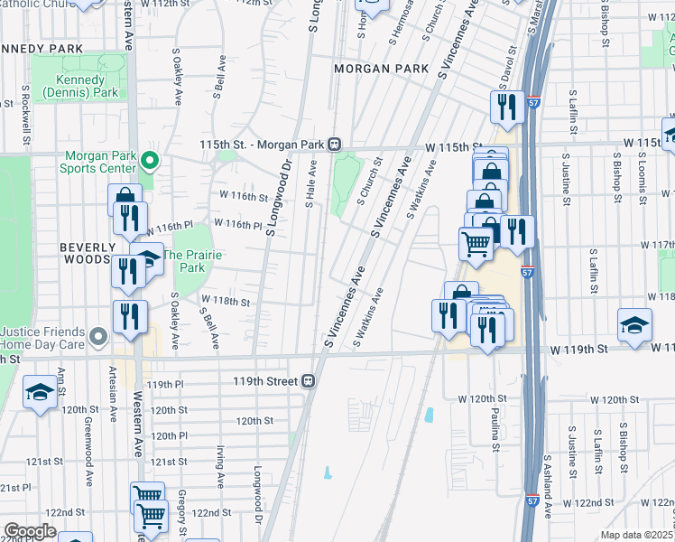 map of restaurants, bars, coffee shops, grocery stores, and more near 11727 South Church Street in Chicago