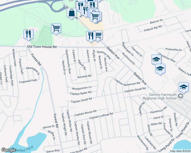 map of restaurants, bars, coffee shops, grocery stores, and more near 65 Phyllis Drive in Yarmouth