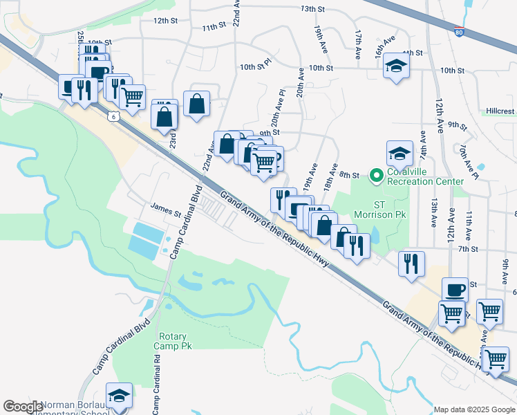 map of restaurants, bars, coffee shops, grocery stores, and more near 2025 2nd St in Coralville