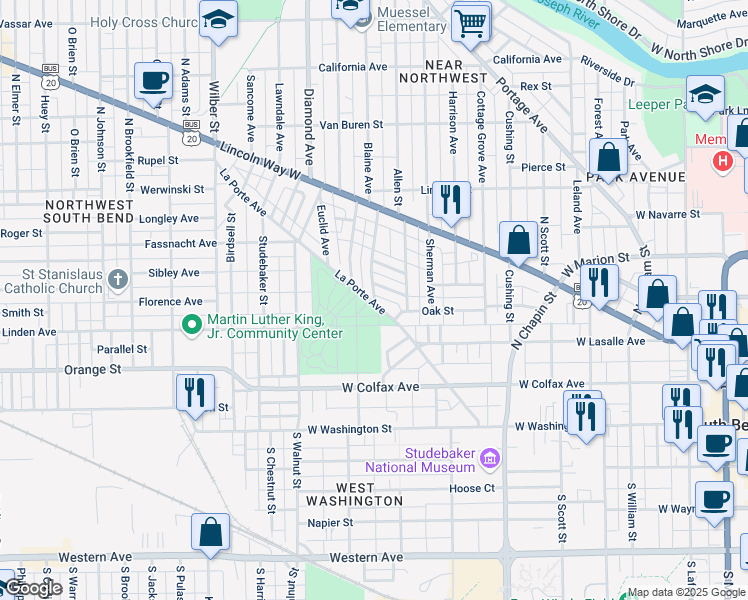 map of restaurants, bars, coffee shops, grocery stores, and more near 421 Blaine Avenue in South Bend