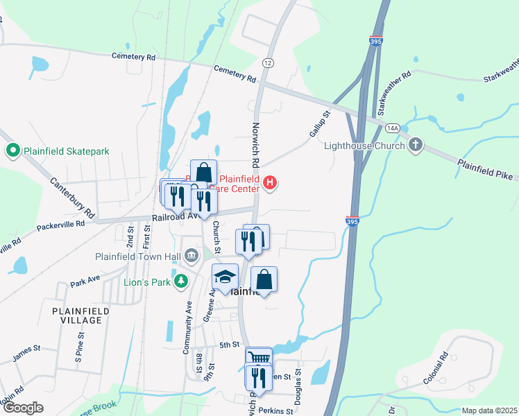 map of restaurants, bars, coffee shops, grocery stores, and more near 594 Norwich Road in Plainfield