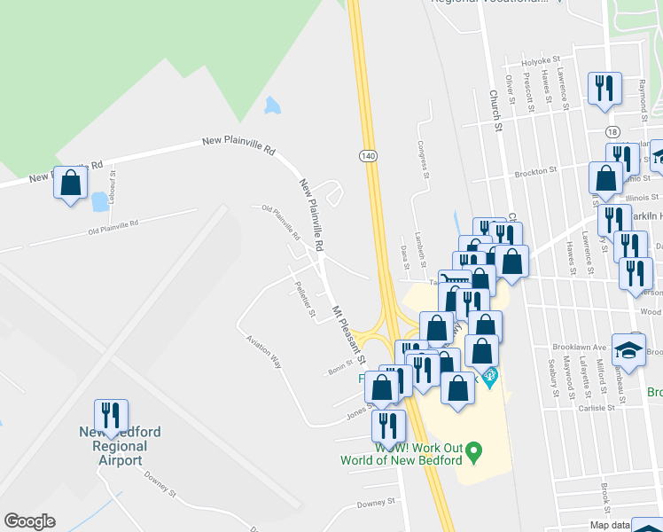 map of restaurants, bars, coffee shops, grocery stores, and more near 834 Tarkiln Hill Road in New Bedford