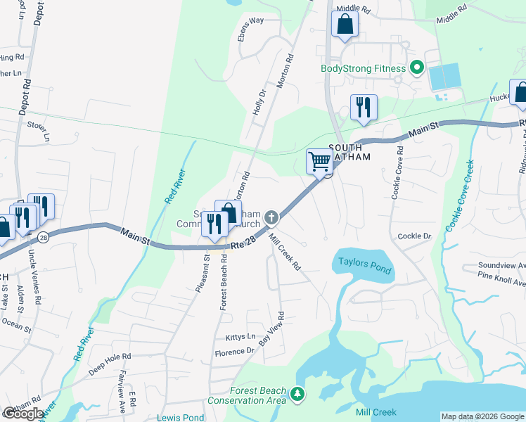 map of restaurants, bars, coffee shops, grocery stores, and more near 2550 Main Street in Chatham