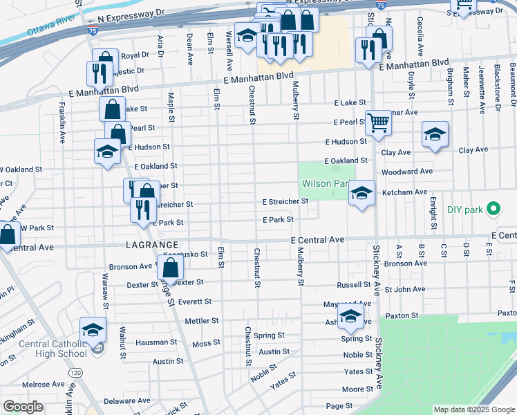 map of restaurants, bars, coffee shops, grocery stores, and more near 516 East Streicher Street in Toledo